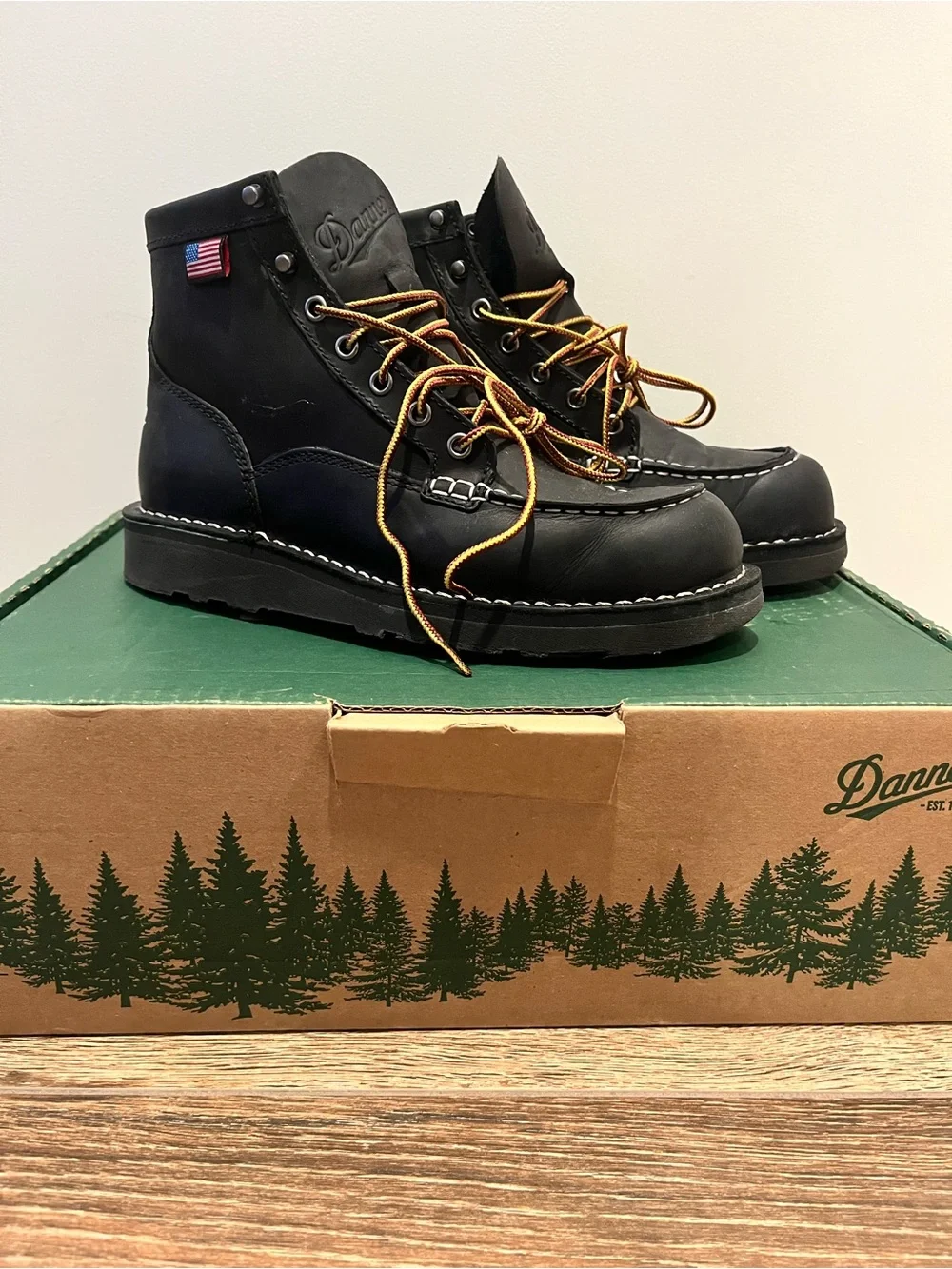 Danner Black Moc Toe Work Boots with Brown and Gold Laces